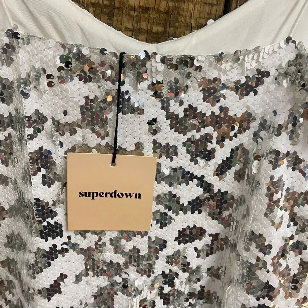 superdown Bryanna Silver Mini Dress sequin print cocktail Revolve S